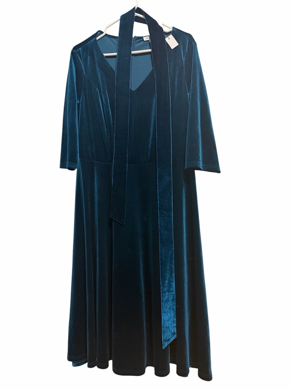 Velvet Midi Dress with Long Neck Tie - Teal